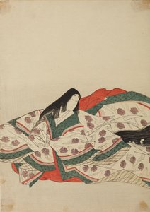 Hofdame in einem weißen Kimono mit einem Muster aus Enten auf dem Wasser, Tafel aus dem Album: Nishiki-zuri onna sanju rokkasen e-zukushi von Chobunsai Eishi