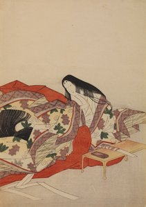 Dame des Hofes mit Pinsel am Tisch, Tafel aus dem Album: Sechsunddreißig Dichterinnen von Chobunsai Eishi