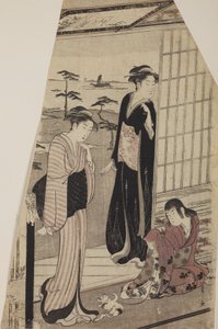 Zwei Frauen und ein Mädchen mit Kätzchen auf der Türschwelle von Chobunsai Eishi