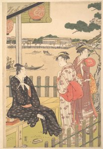Gruppe in einem Teehaus am Ufer des Sumida-Flusses von Chobunsai Eishi