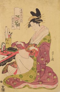 Oiran Hanaogi aus dem Haus Ogi-ya, aus der Serie: Sechs Gedichte über die Schönheiten von Yoshiwara, dargestellt als Blumen von Chobunsai Eishi
