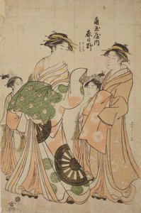 Oiran Katsugano aus dem Haus Kadotama-ya mit Begleiterin und zwei Kamuro von Chobunsai Eishi