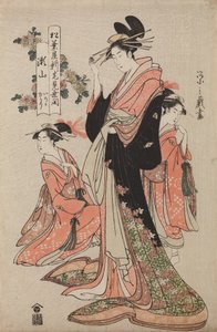 Die Oiran Seyama aus dem Haus Matsuba-ya mit ihren Kamuro Iroka und Yukari / Matsuba-ya Seyama, aus der Serie: Feier zur Eröffnung des neuen Hauses Matsuba-ya von Chobunsai Eishi