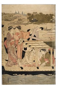 Teil eines horizontalen Pentaptychons der Sumida-Fluss-Szene von Chobunsai Eishi