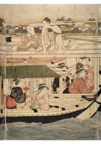 Teil eines horizontalen Pentaptychons der Sumida-Fluss-Szene von Chobunsai Eishi