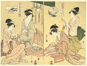 Geisterbeschwörer; Heimkehrende Wildgänse (Maboroshi; Rakugan) (rechts) und Ein dünner Wolkenschleier; Aufklarendes Wetter (Usugumo; Seiran) (links), aus der Serie Acht Ansichten der Geschichte vom Prinzen Genji in der fließenden Welt (Ukiyo Genji hakkei) von Chobunsai Eishi