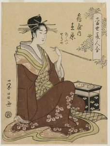 Die Kurtisane Ariwara von der Tsuruya sitzt neben einer rauchenden Truhe, Mitte der 1790er Jahre