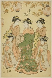 Die Kurtisane Hanaogi vom Ogiya, mit den Kinderbegleitern Yoshino und Tatsuta von Chobunsai Eishi