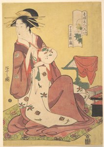 Die Kurtisane Hinazuru aus dem Freudenhaus Chōjiya (Chōjiya Hinazuru), aus der Serie Schönheiten der Freudenviertel als sechs unsterbliche Blumendichter (Seirō bijin rokkasen) von Chobunsai Eishi