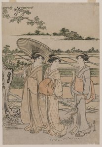 Drei Frauen spazieren auf dem Land von Chobunsai Eishi