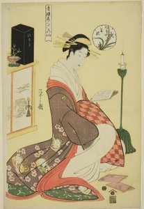 Wakana von der Matsubaya, aus der Serie "Schönheiten der Vergnügungsviertel als die sechs Blumenunsterblichen (Seiro bijin rokkasen)" von Chobunsai Eishi