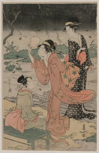 Frauen neben einem Bach, die Glühwürmchen jagen, Mitte der 1790er Jahre von Chobunsai Eishi