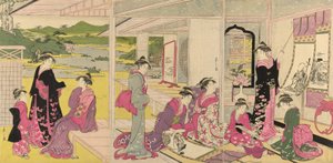 Frauen betrachten Schriftrollenbilder der Götter des Glücks von Chobunsai Eishi