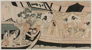 Frauen in einem Vergnügungsboot auf dem Sumida-Fluss, Mitte der 1790er Jahre von Chobunsai Eishi