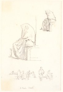 Skizzenblatt mit Studien einer sitzenden alten Frau und betenden Figuren