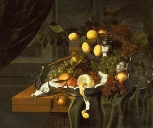 Eine geschälte Zitrone, Orangen und Trauben in einer Schale von Christiaan Luykx or Luycks