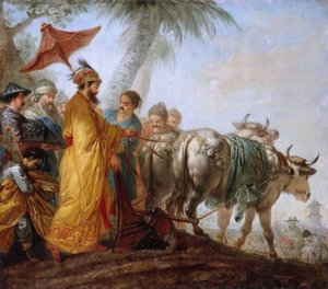 Der Kaiser von China mit einem Pflug. Der chinesische Kaiser pflügt die erste Furche zu Ehren der Landwirtschaft von Christian Bernhard Rode