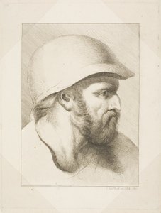 Bärtiger Männerkopf mit Stahlhelm