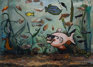 Großer rosa Fisch in fischiger Welt 1988 von Christian Furr