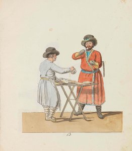 Kisselverkäufer und herrschaftlicher Kutscher aus der Serie Die Straßenhändler von St. Petersburg von Christian Gottfried Heinrich Geissler