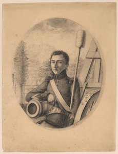 Porträt eines jungen Soldaten, Kepi in der rechten Hand, lehnend auf einem Kanonenlauf (Selbstporträt?) von Christian Heinrich Gottlieb Steuerwald