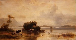 Eine Seelandschaft mit Bauern und Heubargen