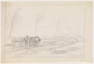 Landschaft mit blattlosen Bäumen und einem Arbeitswagen