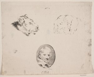 Probedruck mit Männerkopf, Löwenkopf usw. von Christian Piil