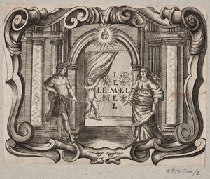 Emblem mit Portal, Mann und Frau, Amor und zwei brennenden Herzen von Christian Rothgiesser