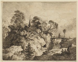 Eine Landschaft mit einem Einsiedler auf einer Brücke