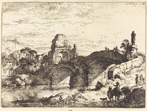 Landschaft mit einer Brücke und einem Ruinenturm von Christian Wilhelm Ernst Dietrich