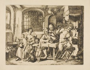 Satyr in einem Bauernhaus, im Stil von Jordaens von Christian Wilhelm Ernst Dietrich