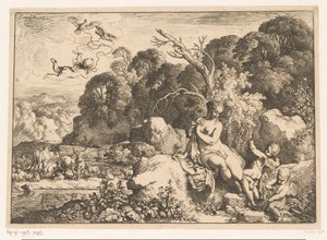 Venus sitzend auf einem Felsen, begleitet von drei Putti