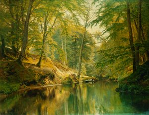 Eine bewaldete Flusslandschaft mit Figuren in einem Boot, 1893