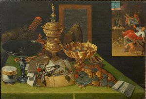 Allegorie des weltlichen Reichtums mit der Szene des Todes des reichen Mannes, ca. 1600