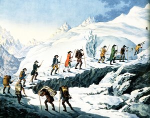 2. Besteigung des Mont Blanc durch Horace-Benedict de Saussure im August 1787, kolorierte Gravur von Marquardt Wocher, veröffentlicht 1790