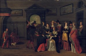 Elegante Gesellschaft spielt das Spiel La Main Chaude in einem Innenraum