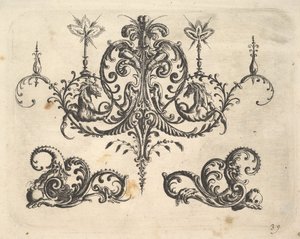 Ein fantastischer Kronleuchter mit brennenden Kerzen und Arabesken, einige enden in fantastischen Pferden, 1610