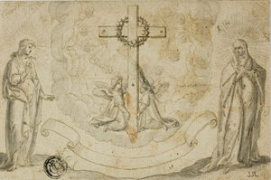 Jungfrau Maria und St. Johannes der Evangelist, die eine Vision des Kreuzes betrachten, gehalten von zwei Engeln von Christoph Schwarz