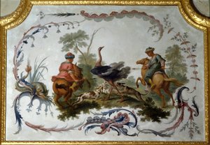 Straußenjagd-Panel des großen Wohnzimmers des Schlosses von Feldern auf Marl. Wanddekor gemalt von Christophe Huet