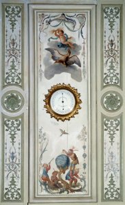 Paneel des großen Wohnzimmers des Château de Champs-sur-Marne mit Barometer und Chinoiserie. Wanddekor gemalt von Christophe Huet (1700-1759) von Christophe Huet