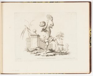 Tafel 10, Le Tambour de Basque (Das Tamburin), Singeries ou différentes actions de la vie humaine représentées par des singes (Affenkapriolen oder verschiedene Handlungen des menschlichen Lebens dargestellt von Affen) von Christophe Huet