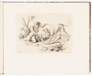 Tafel 2, Le Corps de Chasse (Das Jagdhorn), Singeries ou différentes actions de la vie humaine représentées par des singes (Affenkapriolen oder verschiedene Handlungen des menschlichen Lebens dargestellt von Affen) von Christophe Huet