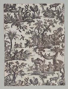 Fragment eines Kupferplatten bedruckten Baumwollstoffs mit Les quatres parties du monde Design, 1788
