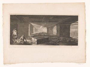 Etruskisches Grab in Tarquinia mit einem Zeichner, der von einer Fackel beleuchtet wird von Christopher Norton