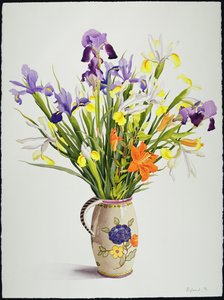 Schwertlilien und Lilien in einem niederländischen Krug