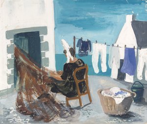 Netze flicken, Tréboul, ca. 1930 (Bleistift & Gouache auf Papier)
