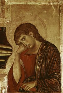 Kruzifix: Detail von Johannes dem Evangelisten (Tempera auf Holz)