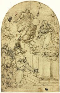 Vision des Heiligen Franz von Assisi in Portiuncula (recto); Ornamentales Design (verso) von Circle of Alessandro Allori