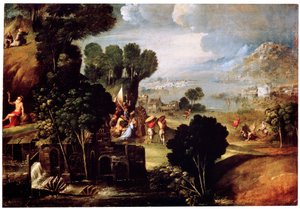 Landschaft mit Szenen aus dem Leben der Heiligen, ca. 1530 von Circle of Dosso Dossi